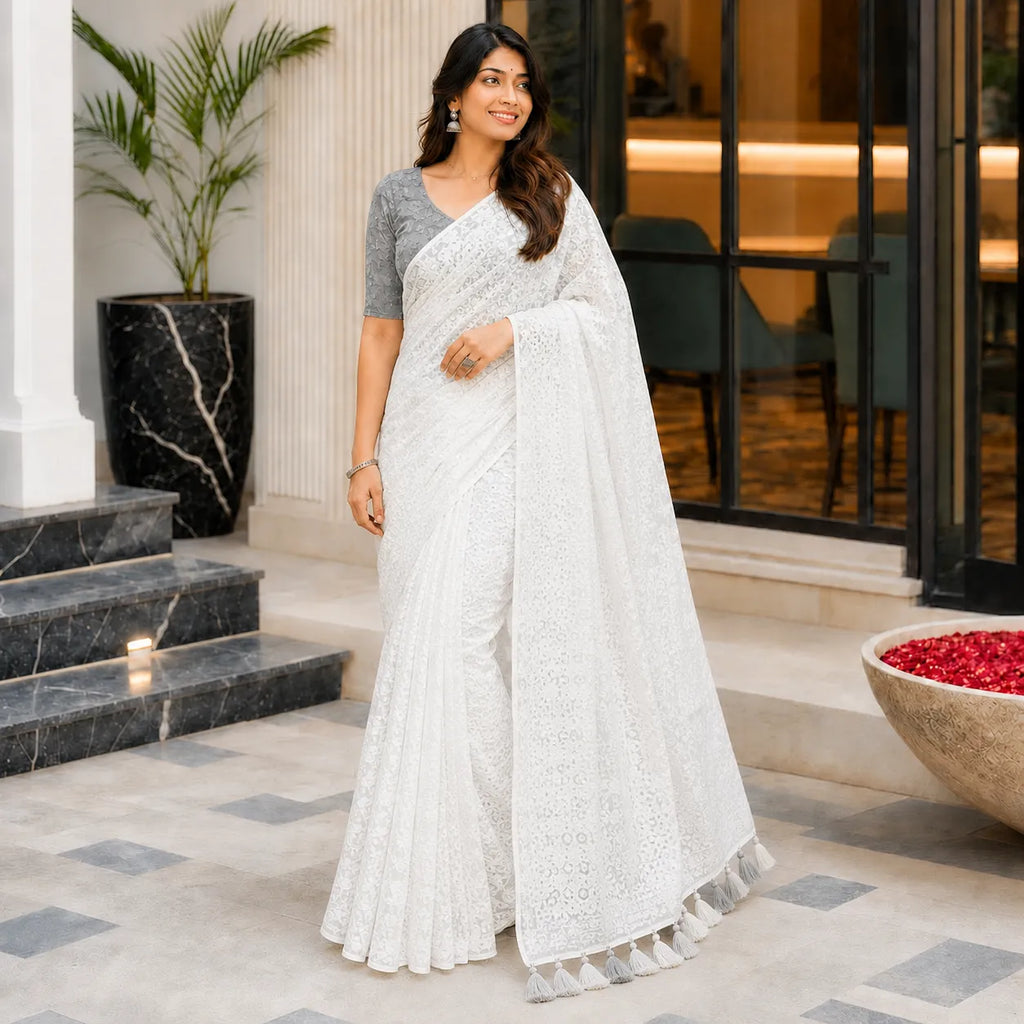 Lucknowi Saree with Grey Blouse