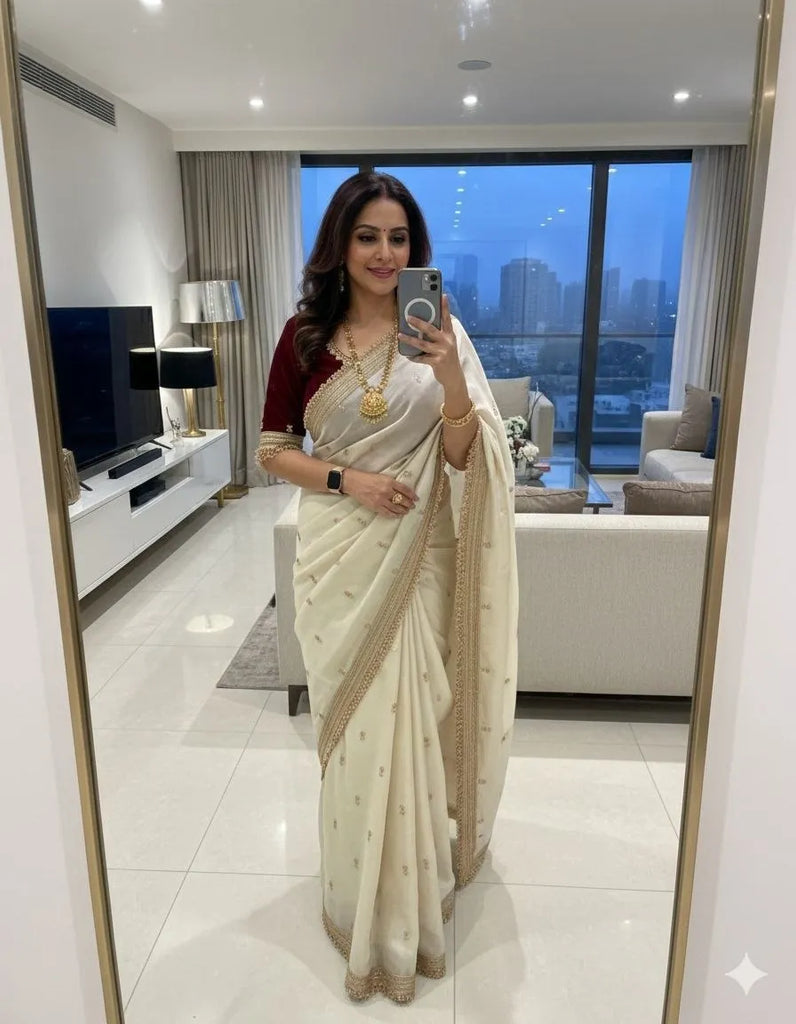 ivory satin saree look