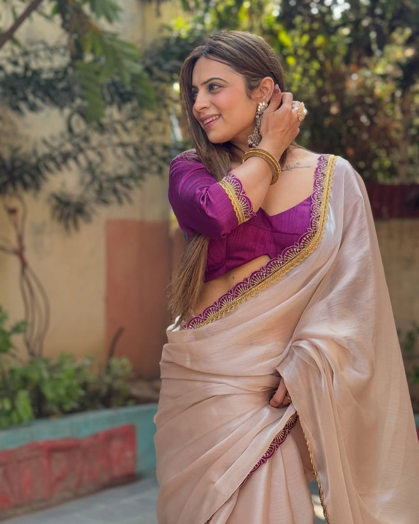 Luxurious Jimichu Tissue Saree with Sequence & Thread Butta Work Lace