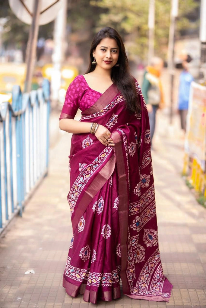 Magenta Soft Silk Slub Batik Print Saree