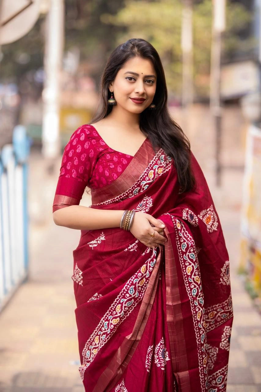 Maroon Soft Silk Slub Batik Print Saree