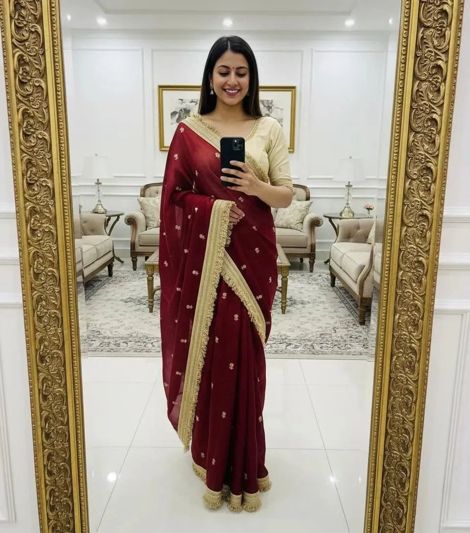 maroon satin saree