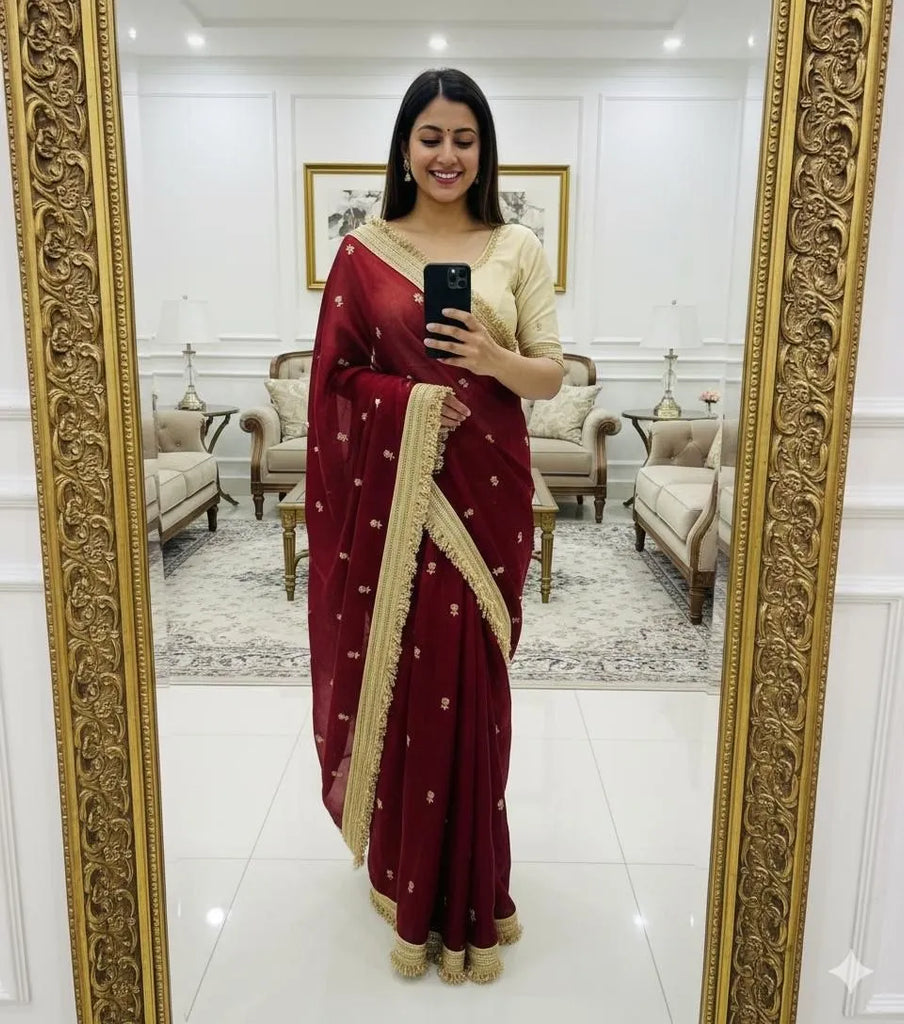 maroon satin saree