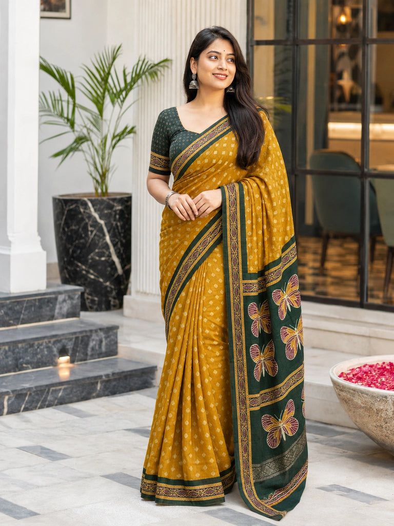 Mustard Pashmina Ajrakh Saree with Bottle Green Pallu