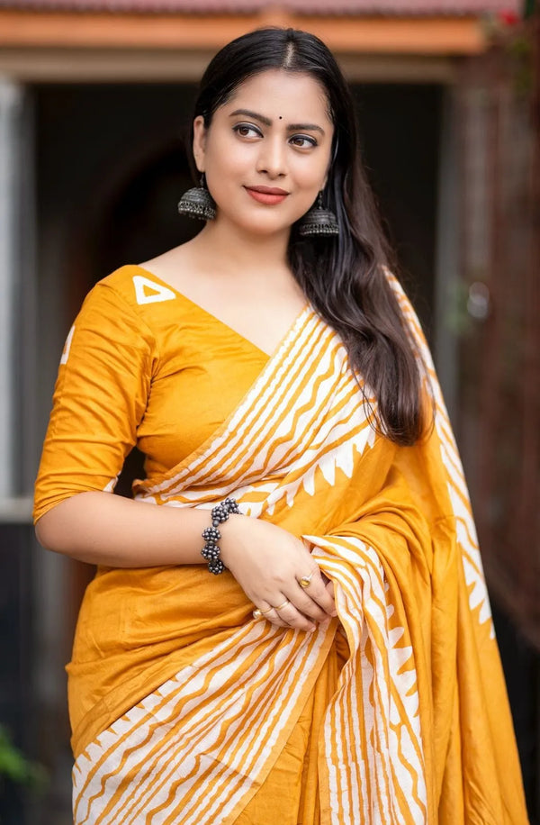 Mustard Pure Chanderi Cotton Batik Print Saree with Tassels