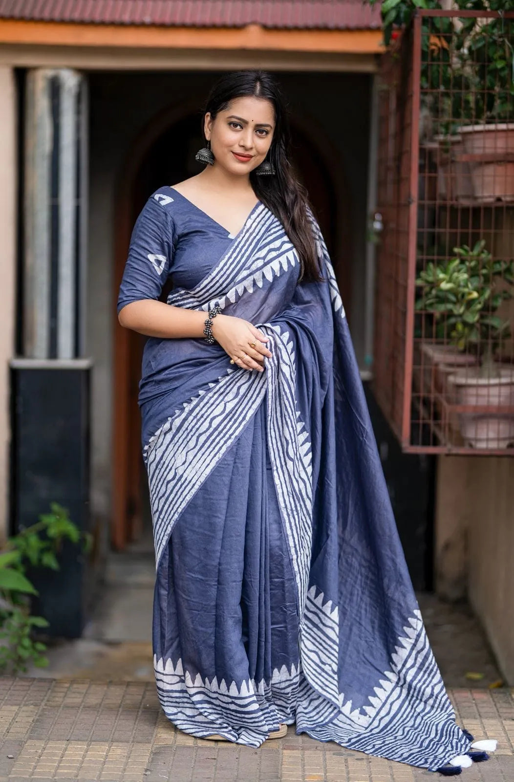 Navy Blue Pure Chanderi Cotton Batik Saree with Tassels
