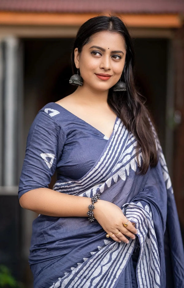 Navy Blue Pure Chanderi Cotton Batik Saree with Tassels