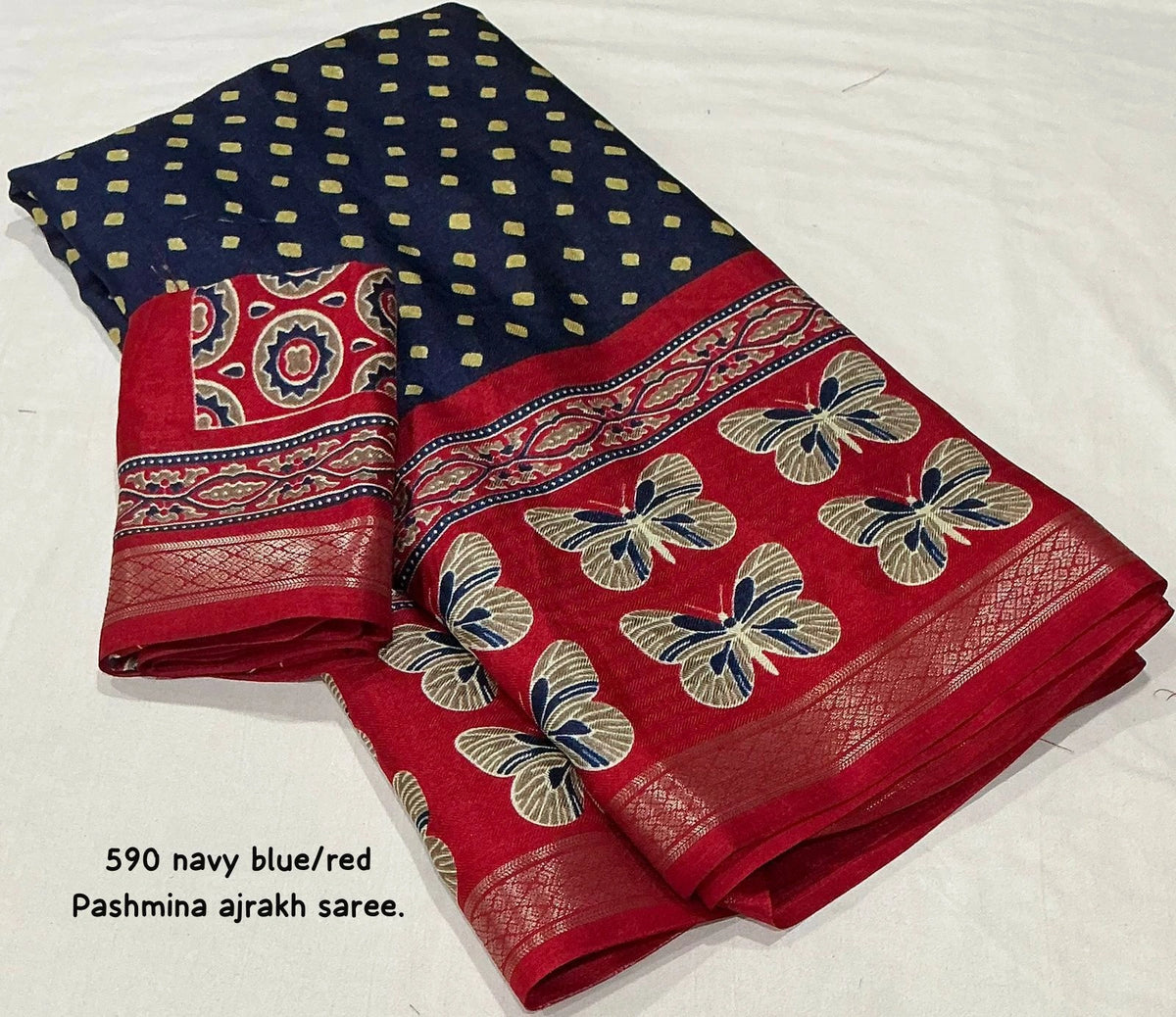 navy red ajrakh saree