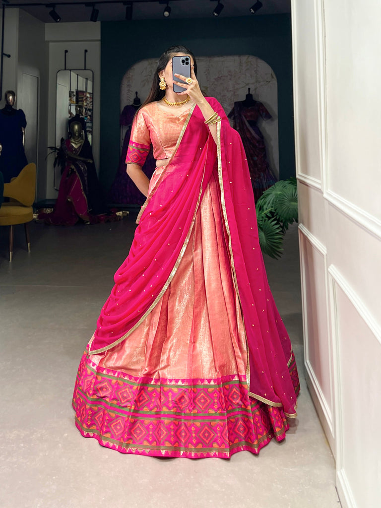 Jacquard Silk Ikkat Kanjivaram Lehenga Choli with Sequins Work Dupatta