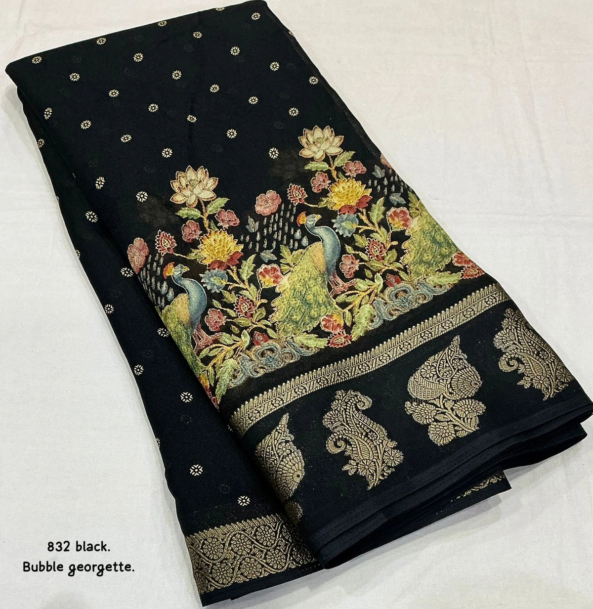 peacock print black saree