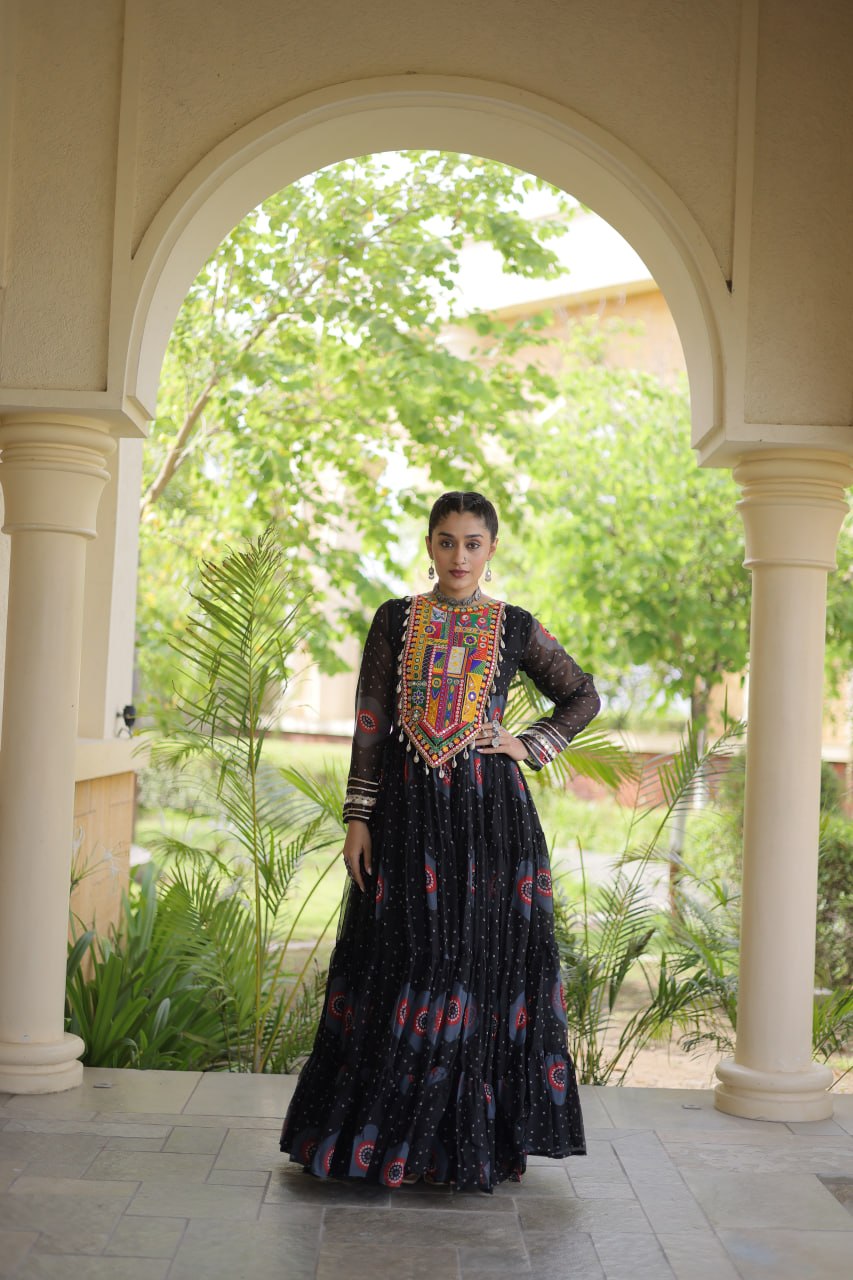 Black Bandhani Print Kutchi Work Navratri Gown