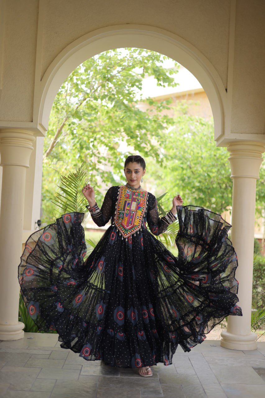 Black Bandhani Print Kutchi Work Navratri Gown