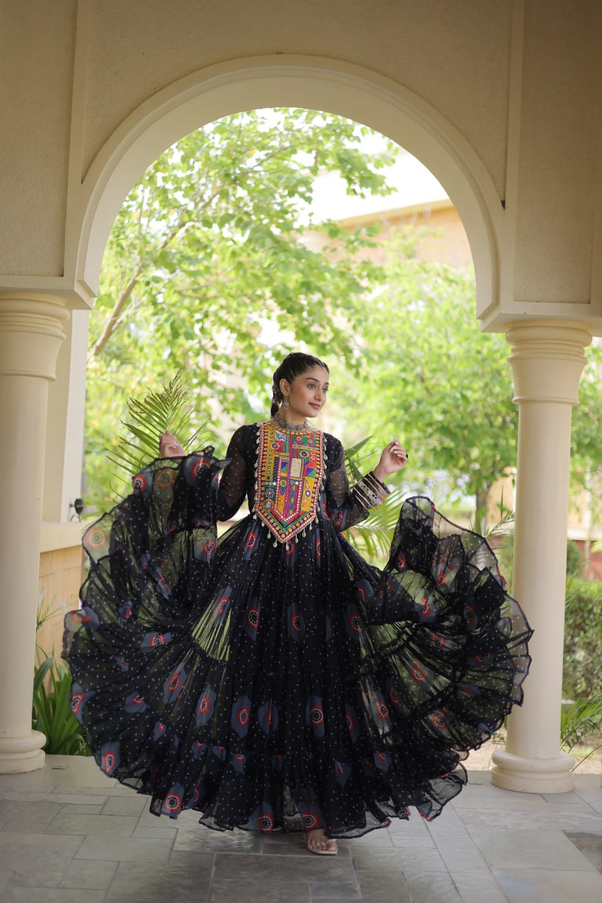 Black Bandhani Print Kutchi Work Navratri Gown