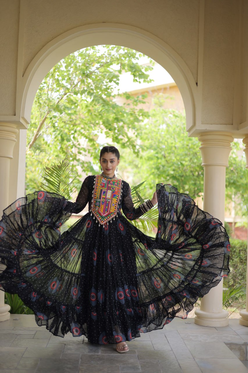 Black Bandhani Print Kutchi Work Navratri Gown