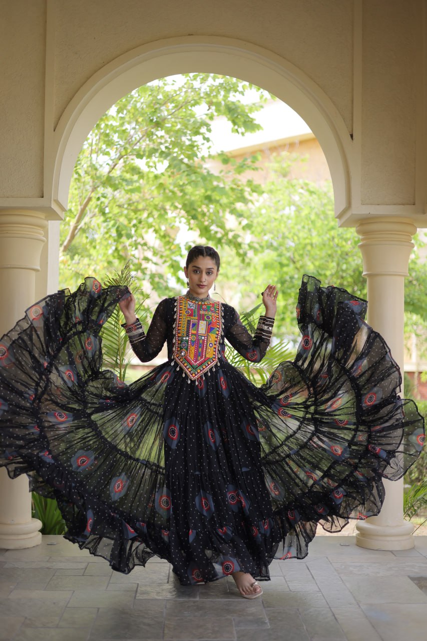Black Bandhani Print Kutchi Work Navratri Gown
