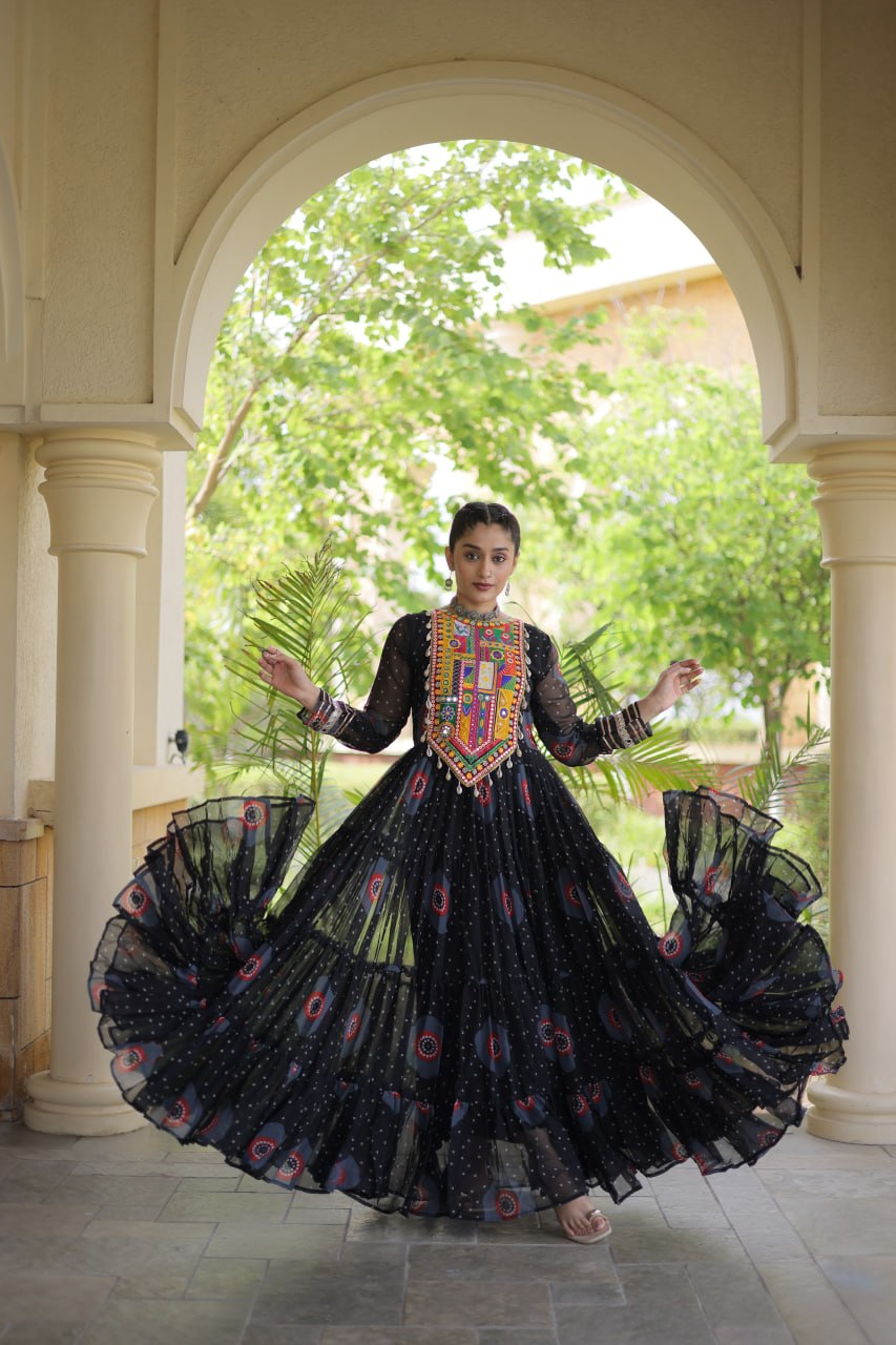 Black Bandhani Print Kutchi Work Navratri Gown