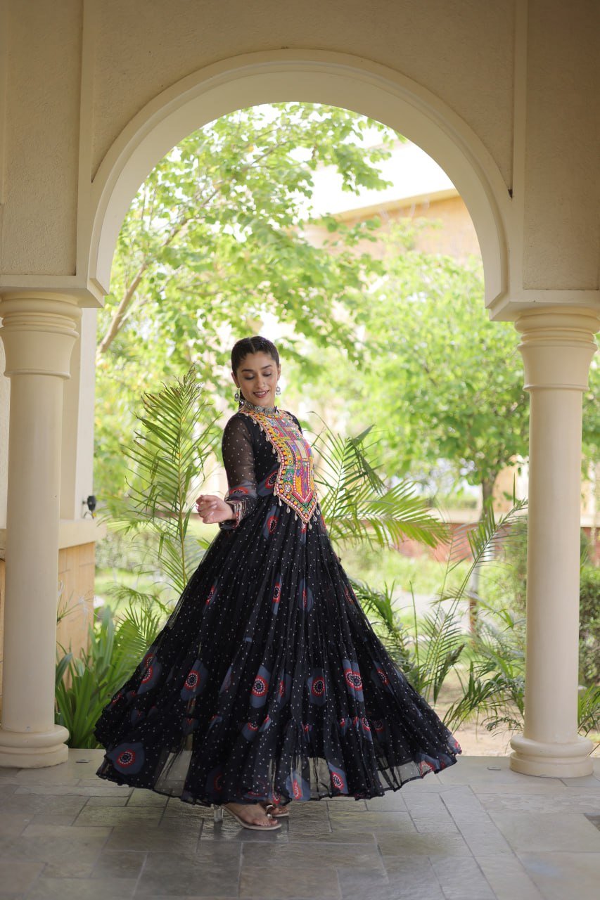 Black Bandhani Print Kutchi Work Navratri Gown
