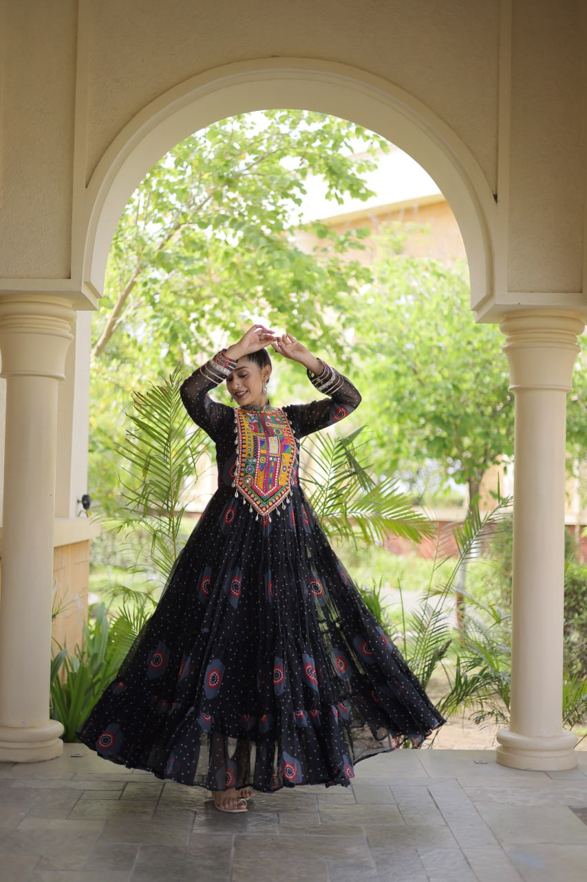 Black Bandhani Print Kutchi Work Navratri Gown