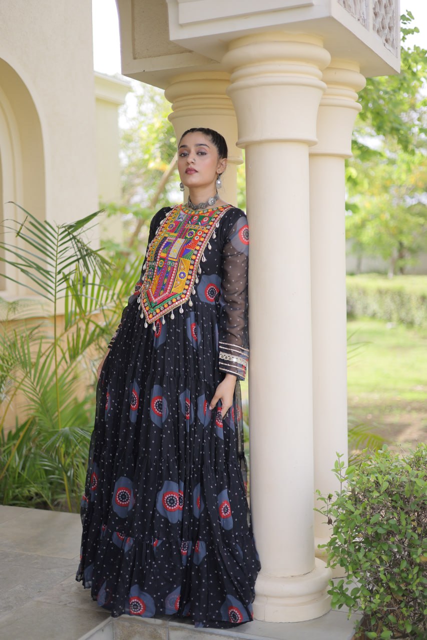 Black Bandhani Print Kutchi Work Navratri Gown