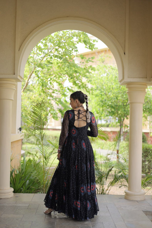 Black Bandhani Print Kutchi Work Navratri Gown