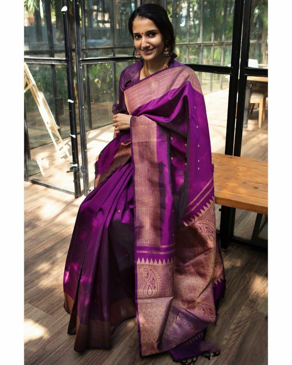 Women Kanjivaram Soft Silk Saree With Blouse Piece Purple Refined Sarees