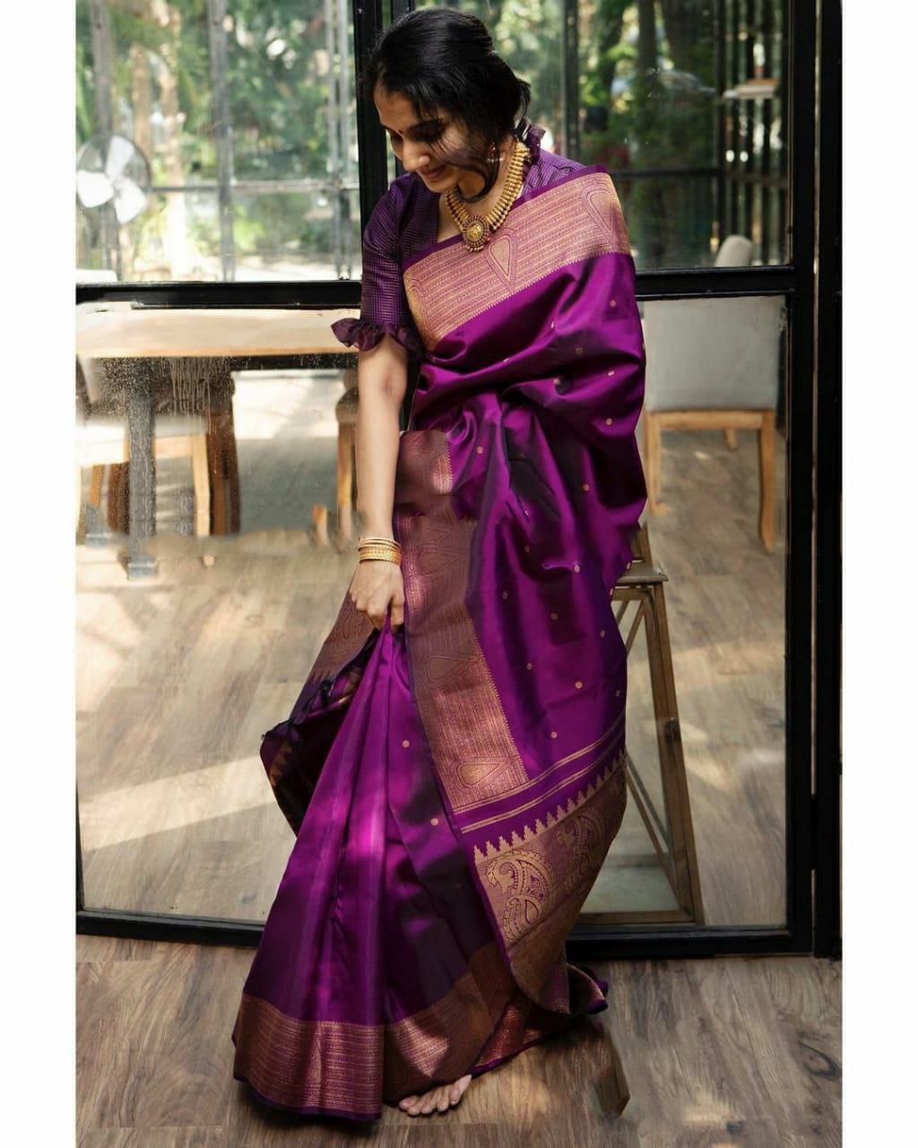Women Kanjivaram Soft Silk Saree With Blouse Piece Purple Refined Sarees