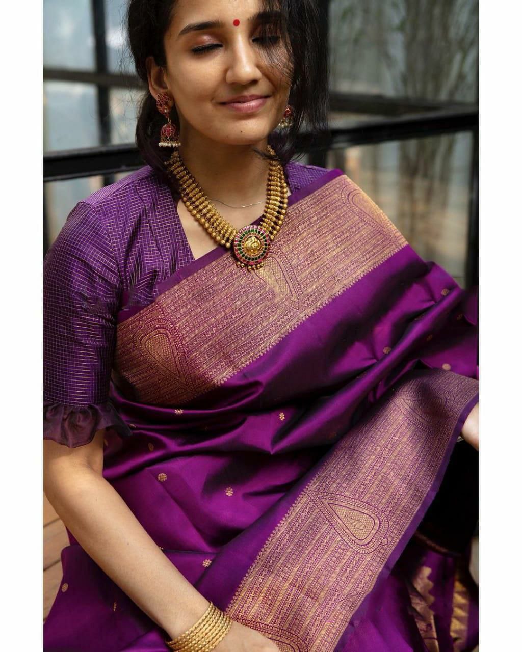 Women Kanjivaram Soft Silk Saree With Blouse Piece Purple Refined Sarees