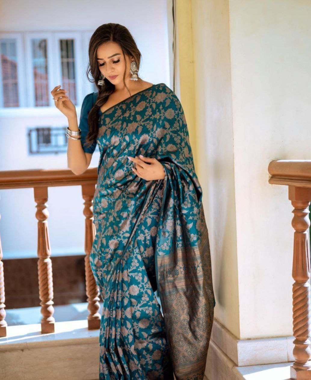 Rama Color Banarasi Jacquard Soft Silk Saree