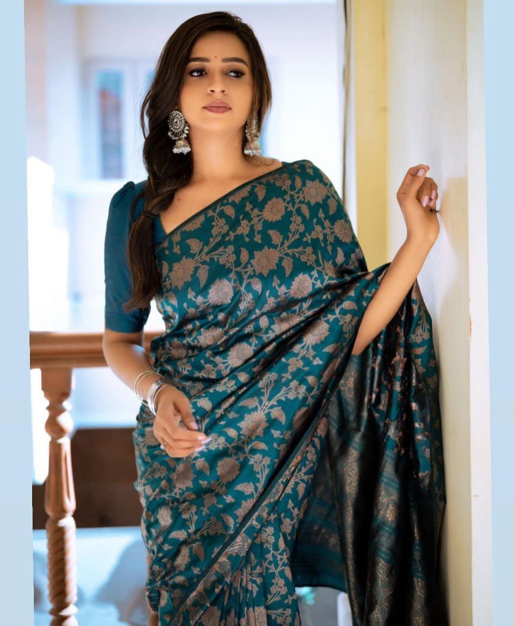 Rama Color Banarasi Jacquard Soft Silk Saree