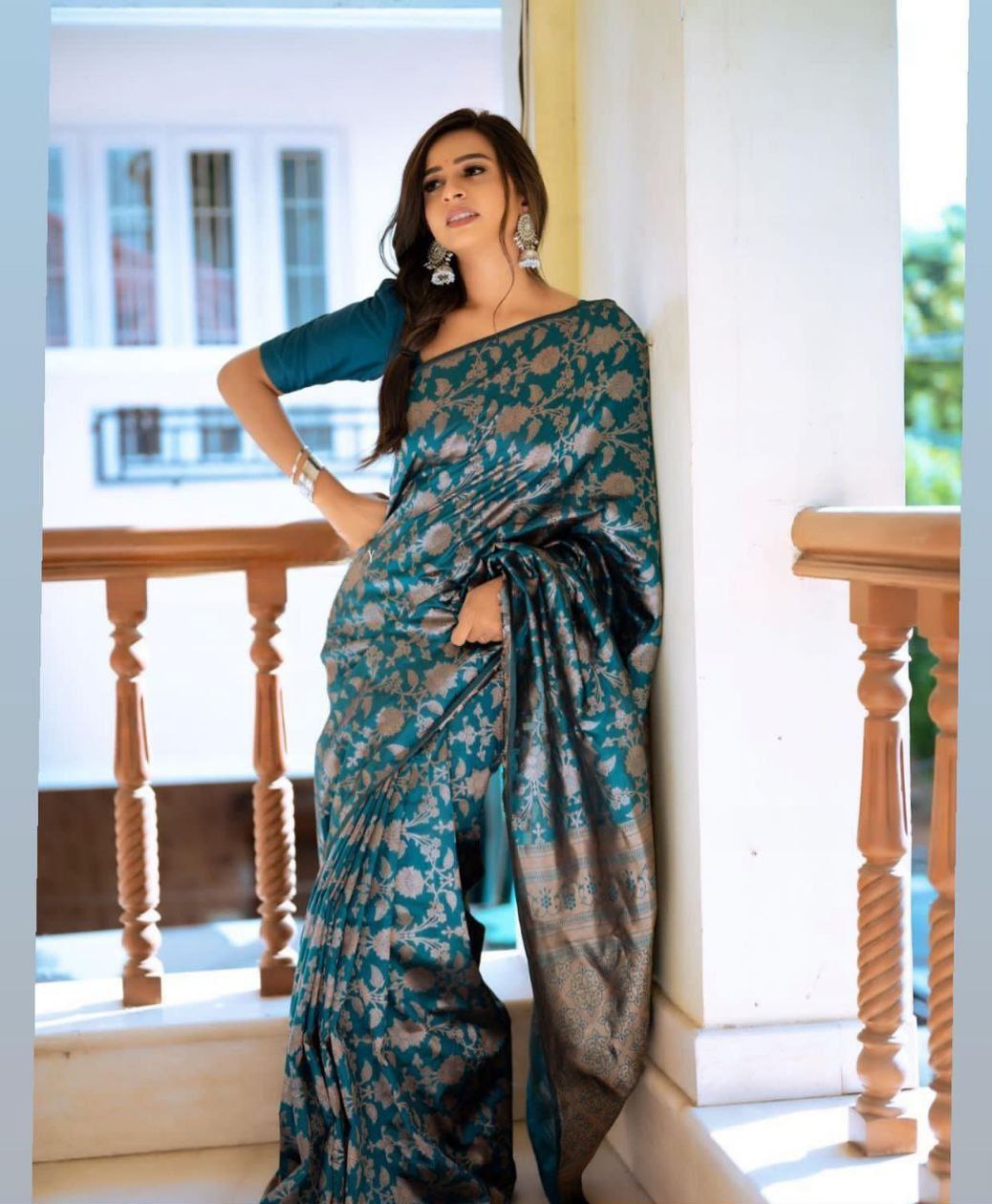 Rama Color Banarasi Jacquard Soft Silk Saree