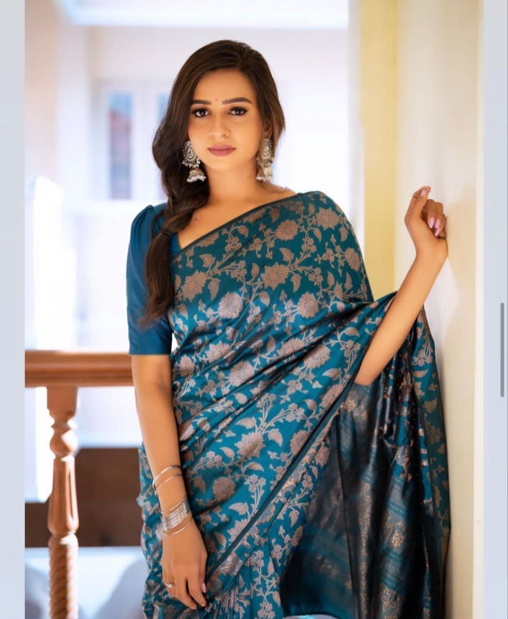 Rama Color Banarasi Jacquard Soft Silk Saree