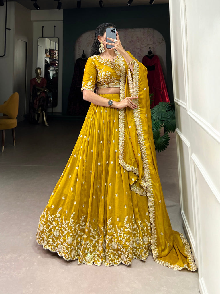 Mustard Golden Embroidered Vichitra Silk Lehenga Set with Sequins Detailing