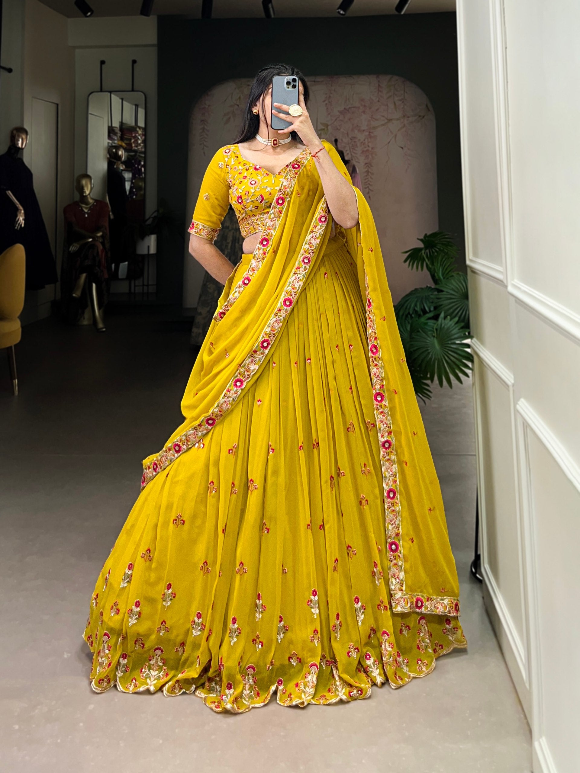 Beautiful Mustard Golden Thread Embroidered Georgette Haldi Wear Lehenga Choli