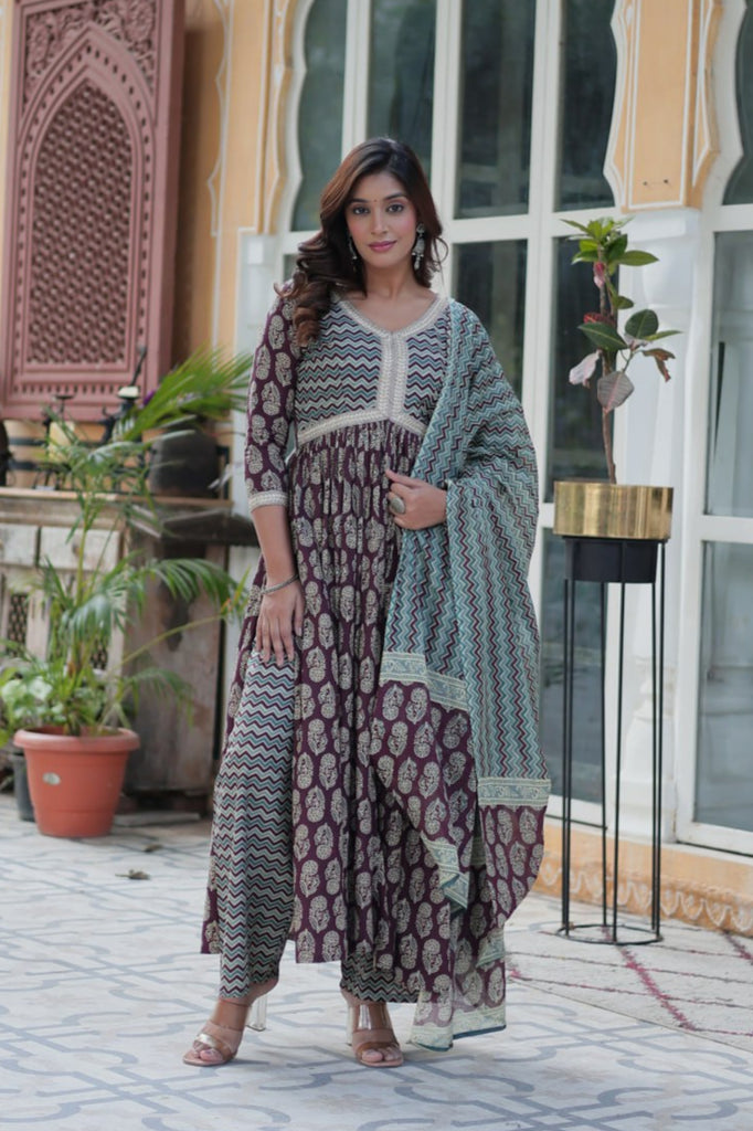 Summer Time Cotton Co-ord Set with Dupatta – Mustard/Wine