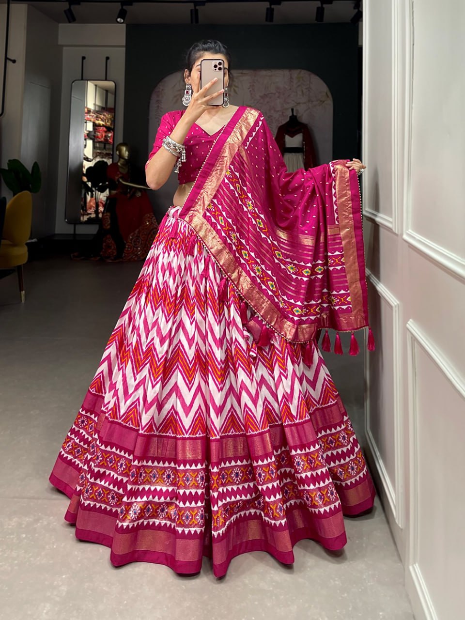 Tussar Silk Lehenga Set – Foil Work & Dupatta