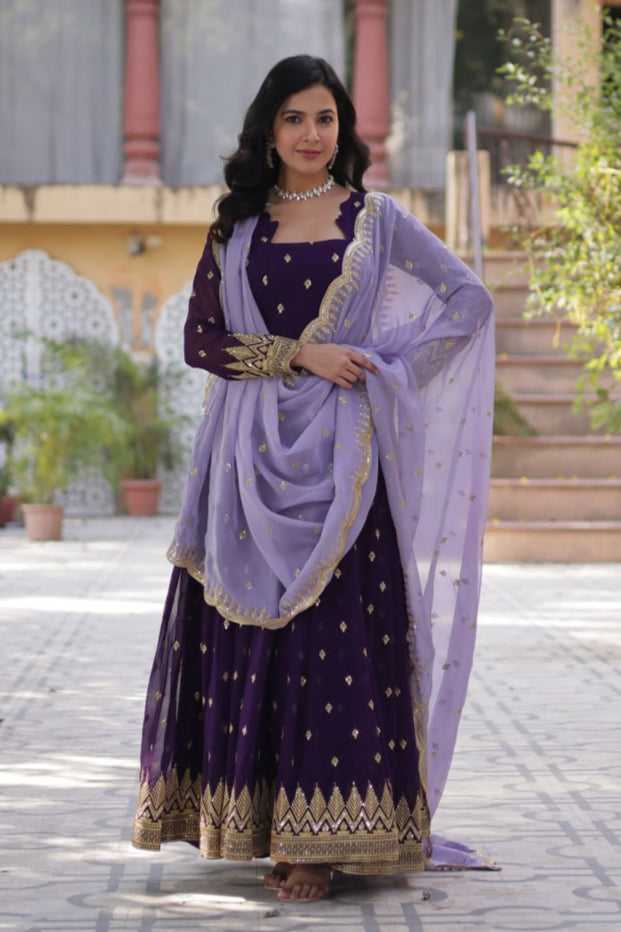 Wine Embroidered Gown with Dupatta