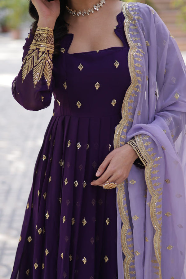Wine Embroidered Gown with Dupatta