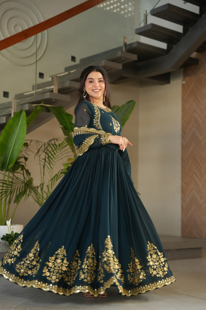Wine & Rama Faux Georgette Gown Set – Zari & Sequin Embroidered with Dupatta