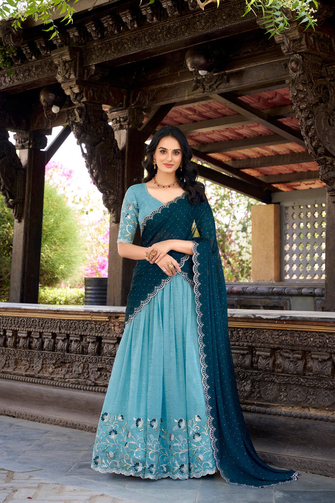 Radiant Silver Glossy Lehenga Set with Sequins Embroidery & Hotfix Work