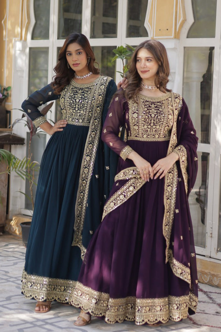 Rama-Wine Elegance Embroidered Faux Blooming Gown with Dupatta