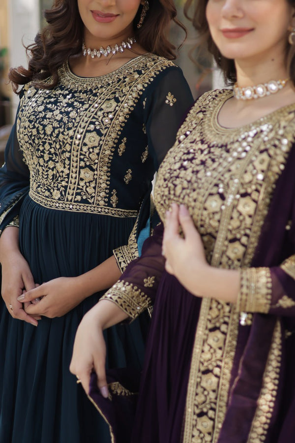 Rama-Wine Elegance Embroidered Faux Blooming Gown with Dupatta