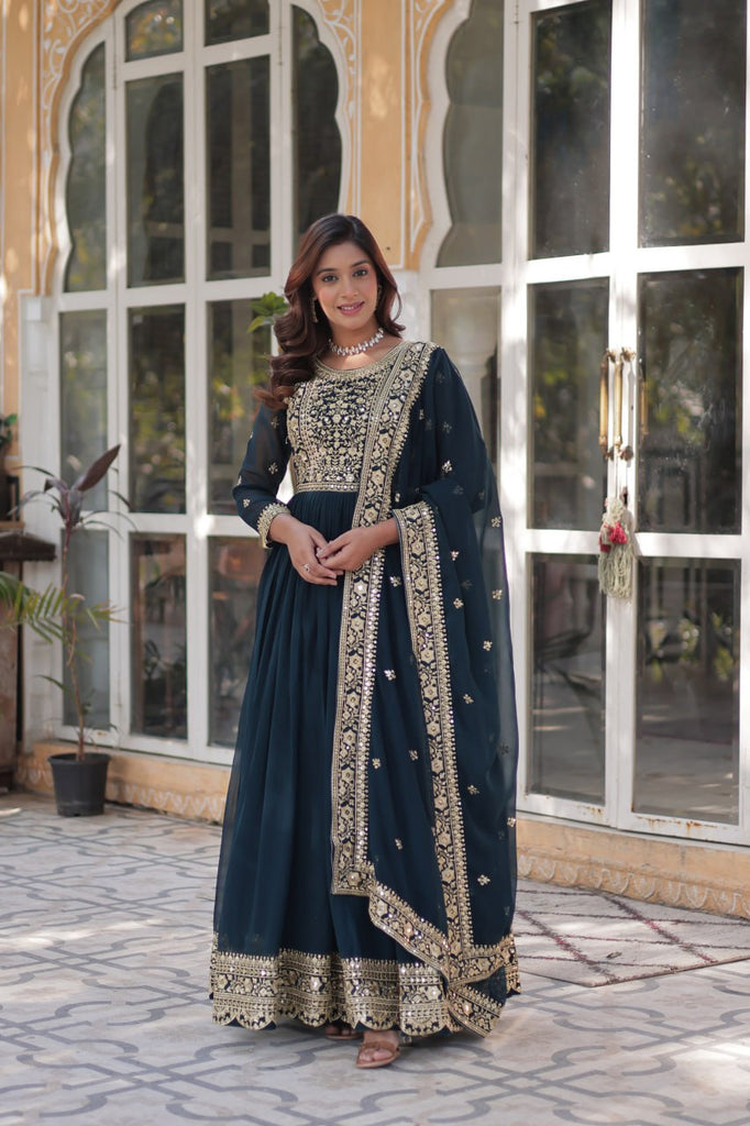 Rama-Wine Elegance Embroidered Faux Blooming Gown with Dupatta