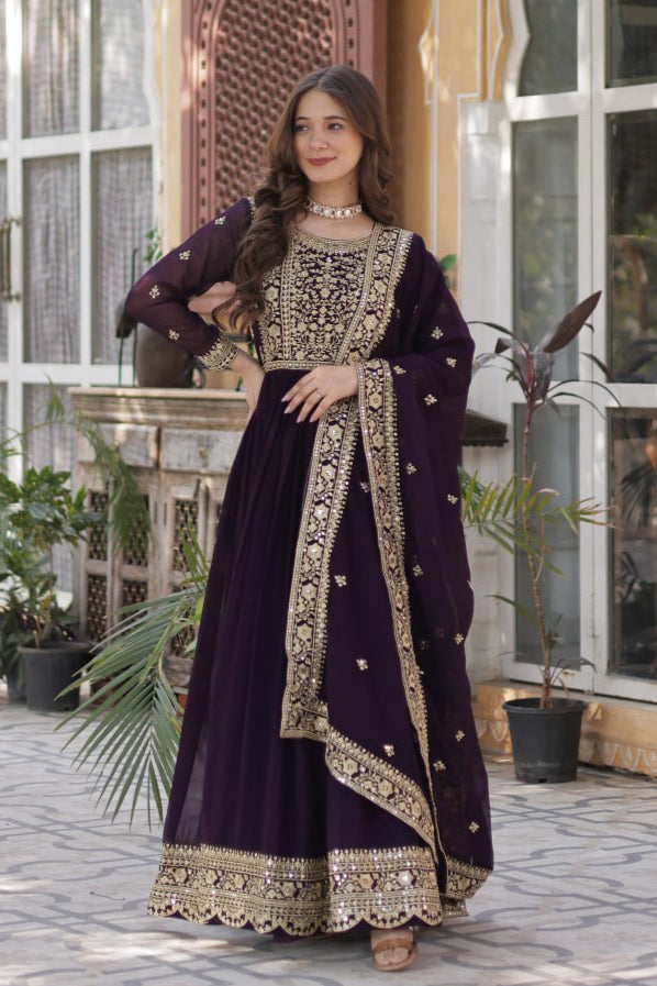 Rama-Wine Elegance Embroidered Faux Blooming Gown with Dupatta