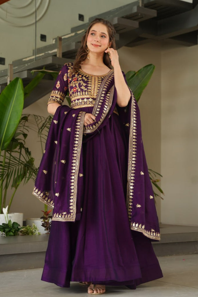 Pink & Purple Vichitra Silk With Sequins-Multi &amp; Zari Embroidered Gown Set