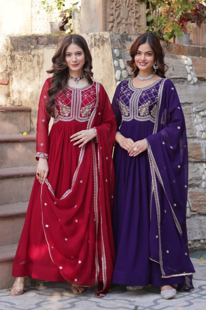 Maroon & Purple Sequins-Multi & Beads Embroidered Work Gown Set