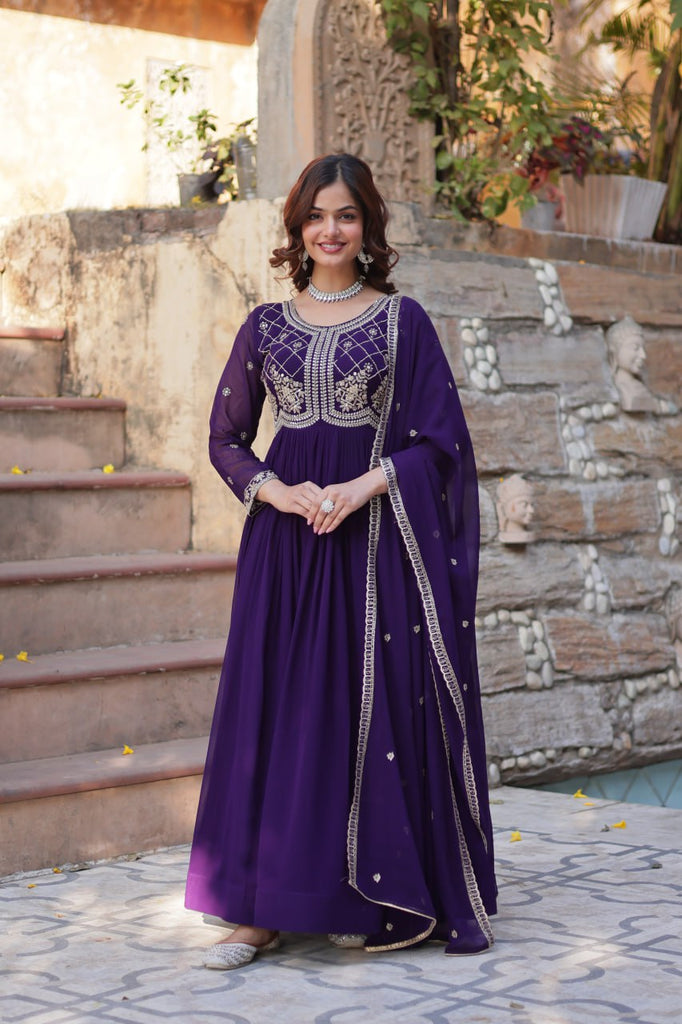 Maroon & Purple Sequins-Multi & Beads Embroidered Work Gown Set