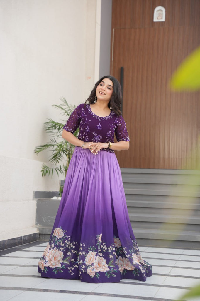 Rama & Purple Embroidered work and Rich Floral Pedding Digital Print Gown