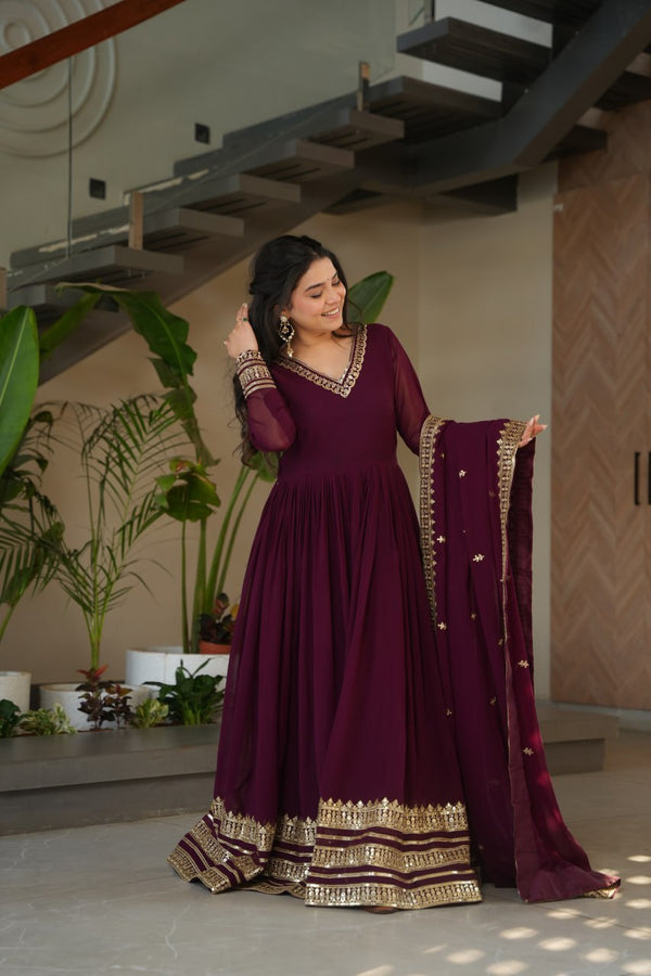 Women's Faux Blooming Embroidered Gown with Dupatta