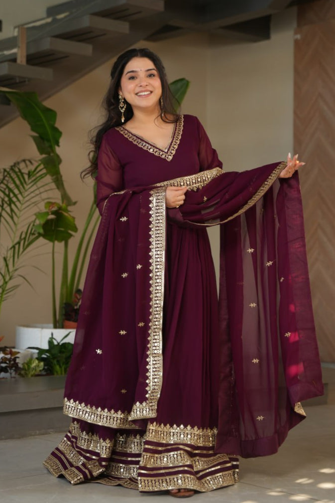 Women's Faux Blooming Embroidered Gown with Dupatta
