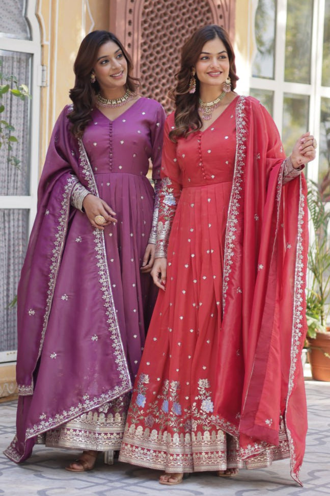 Onion & Peach Viscose Cosmos With Foil Embroidery Gown Set